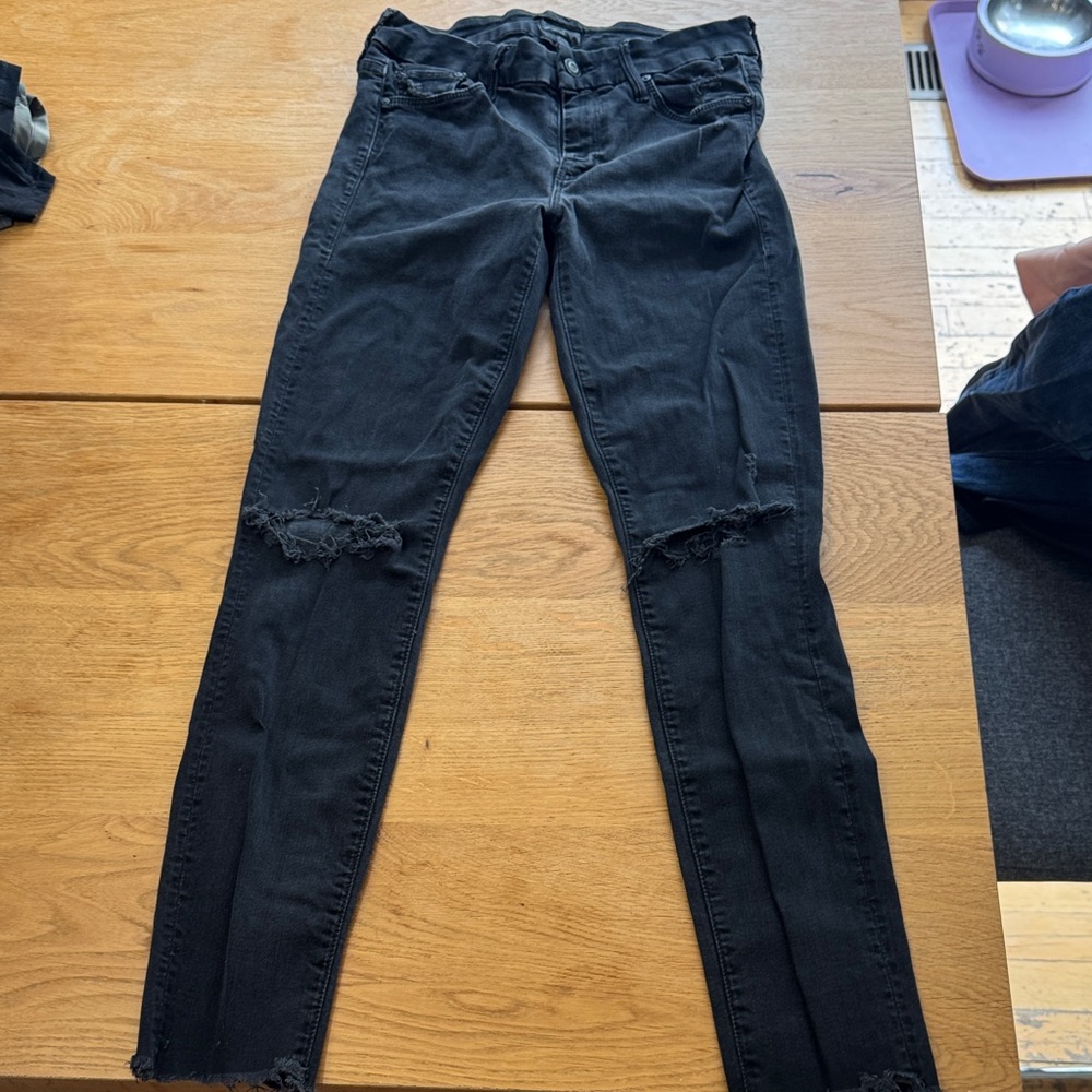 MOTHER Black Distressed Skinny Jeans